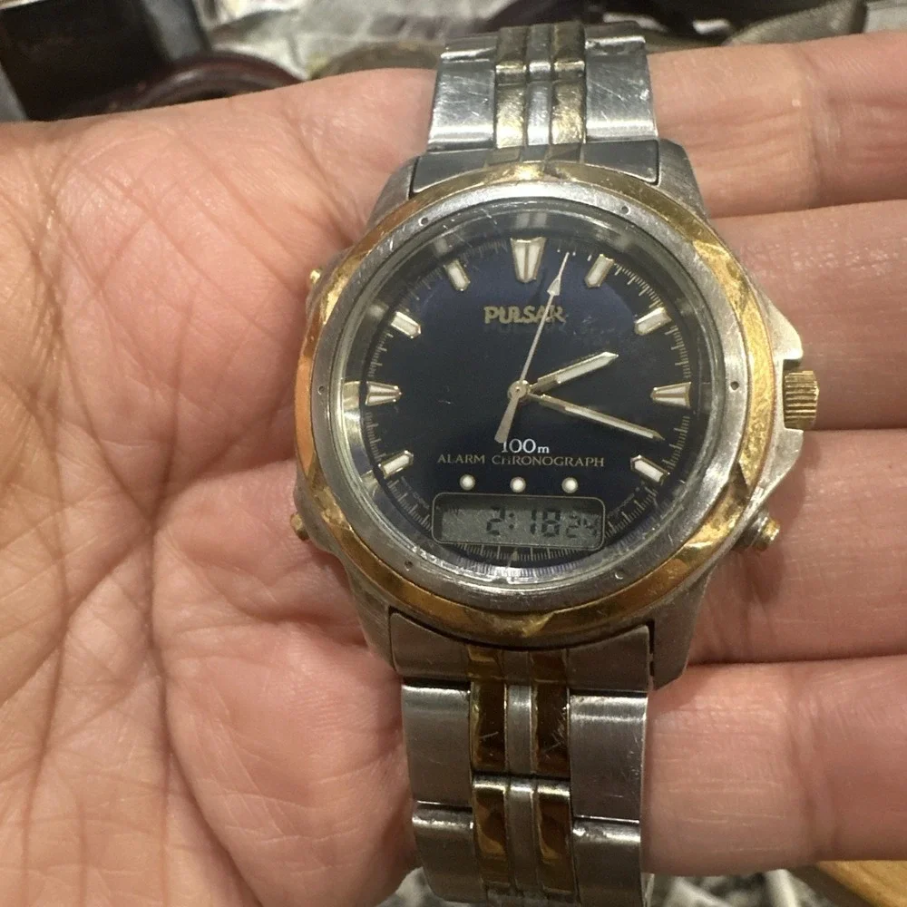 Works Pulsar Mens Watch Blue Dial 100m Analog Digital Alarm Chrono 41mm Fit 7.5